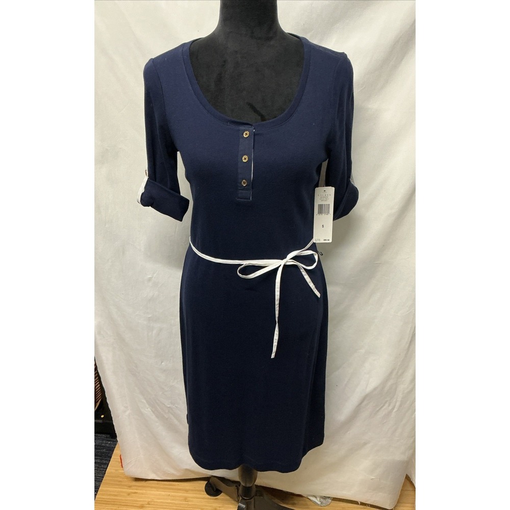 Lauren‎ Ralph Lauren Ribbed Navy Dress Women Small Tie Belt Nautical 3/4 Sleeve